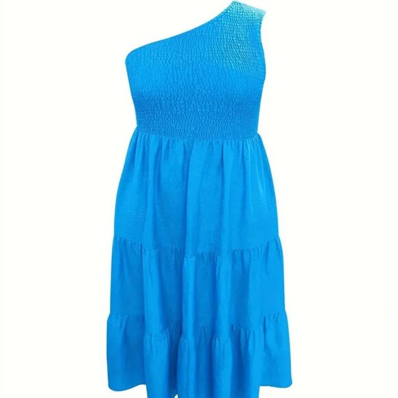 Women's Plus Size Elegant One Shoulder Blue Vacation Summer Swing Dress 18W - Picture 3 of 8